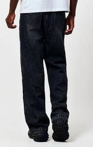 Özel tasarımcı marka sıkıntılı akıntılar Streetwear derin mavi ağır Denim OEM erkekler ham kenar kot düz bacak pantolon - Product Image 4