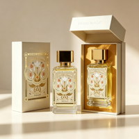 Vente directe d'usine, flacon de parfum en verre de 50 ml (1,7 oz), étiquette en feuille d'or vintage, bouchon carré doré, boîte d'emballage noire, vente en gros