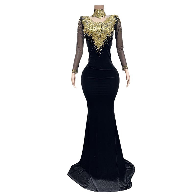 fitted lace wedding dress Chic A-line V neck Long Sleeve Prom Dresses Elegant Black Evening Gowns  MHL155 main image 1