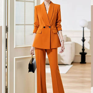 <span class=keywords><strong>Ensemble</strong></span> de blazer orange sur mesure pour femmes <span class=keywords><strong>Pantalon</strong></span> <span class=keywords><strong>évasé</strong></span> taille haute Costume à manches boutonnées pour le travail de bureau et les sorties décontractées - Product Image 1