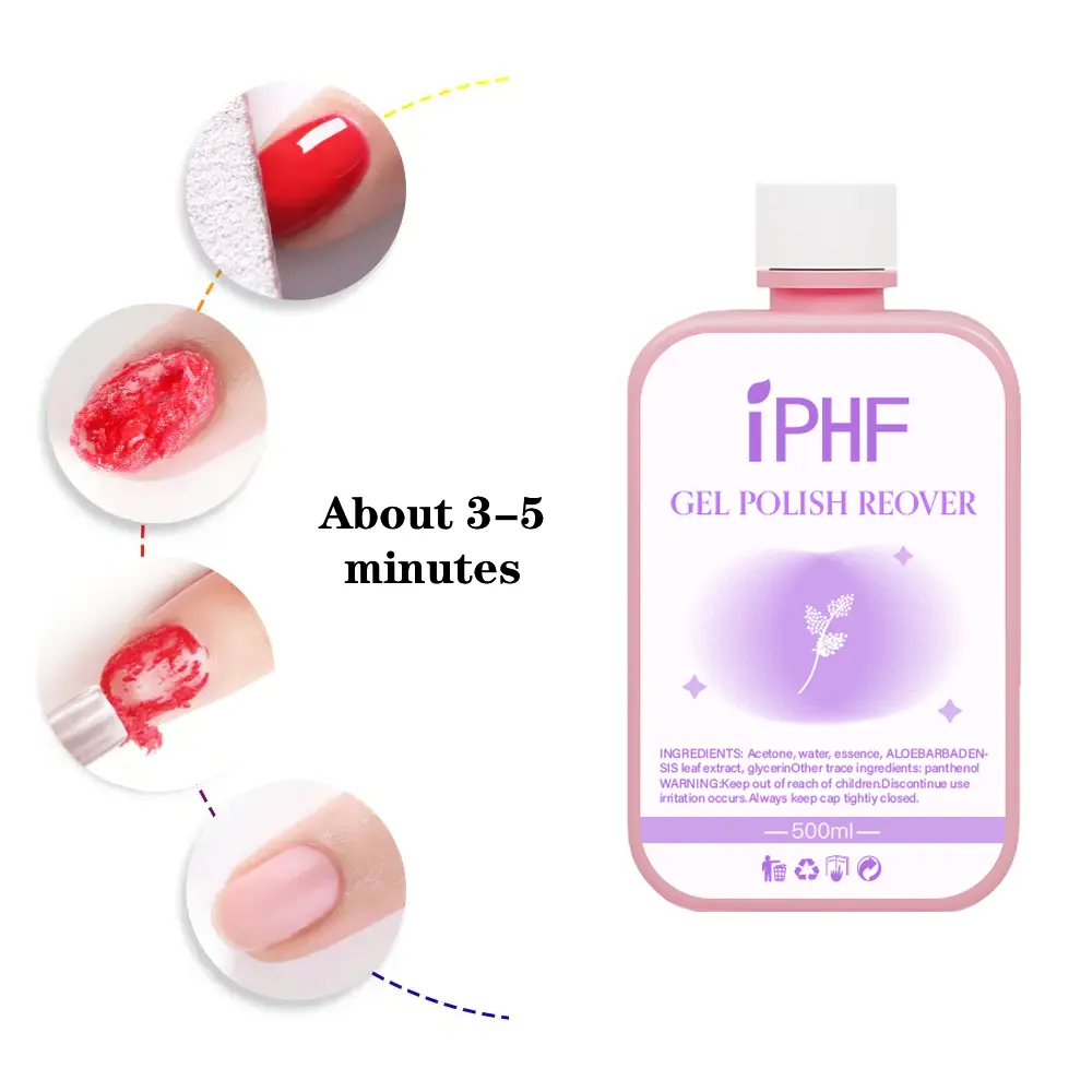 IPFH 500ml Garrafa rosa Removedor de esmalte de gel UV rapidamente Removedor de esmalte líquido limpador de atacado Removedor de esmalte de gel para unhas
