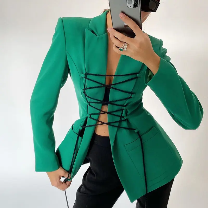 2022 Fashion Design Lapel Business Blazer Casual Office Sexy Bandage Ladies Jackets Long Coat Blazer For Women