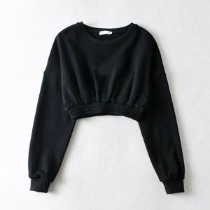 Venta al por mayor 100% algodón hombro caído Unisex gran tamaño cuello redondo bordado personalizado sólido hombro caído recortado Sudadera Mujer - Product Image 2