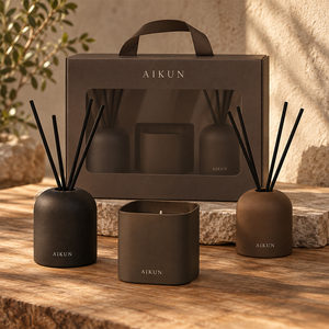 Aikun – Faible MOQ, Réponse Rapide, Toutes Senteurs, Longue Durée, 100ML, Ensemble de Bougies Diffuseurs Rondes en Céramique Mate Imprimée avec Boîte de Transport pour Boutiques de Cadeaux - Product Image 1