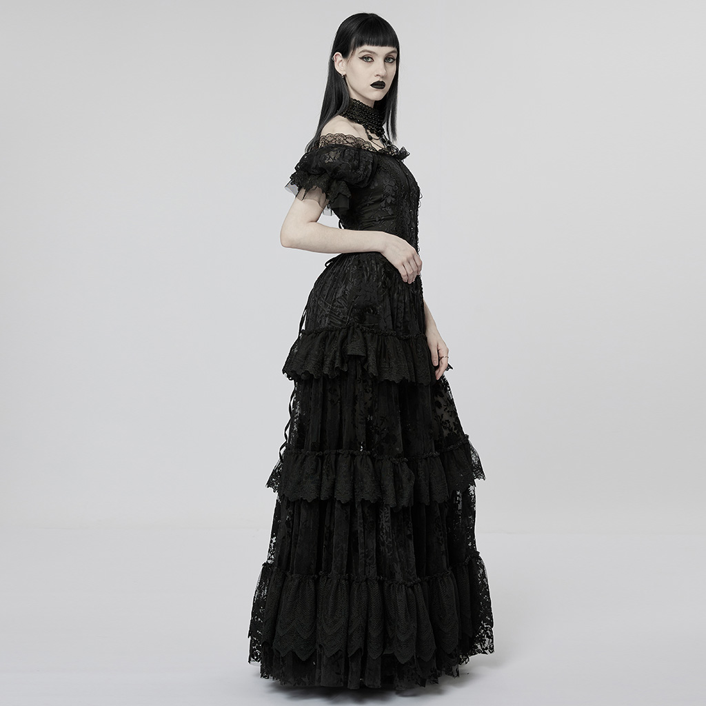 Punk Rave WQ-613LQF gothic elegant slim mysterious exquisite lace decorated rich layers flocking mesh goth gorgeous print dress