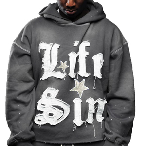 Sweat à capuche court vintage délavé noir, streetwear Y2K, 400 g/m², avec patch brodé et lettres, effet stone wash, ourlet brut - Product Image 4