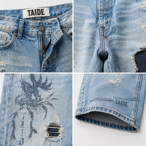 Jean baggy à jambe large certifié GRS TaiDe, imprimé Dragon Phoenix, effet déchiré et délavé, logo personnalisé, fabricant ODM pour hommes - Product Image 2