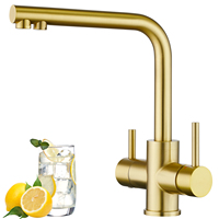 Robinet de cuisine classique en acier inoxydable plaqué or chromé 304, monté sur le pont, avec noyau de valve en céramique, rotation à 360 degrés, double bec