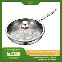 Poêle Wok Antiadhésive à Trois Couches en Acier Inoxydable 304 Non Revêtue avec Finition Martelée et Couvercle en Verre, Compatible Tous Feux