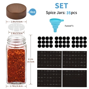 Bocaux à <span class=keywords><strong>épices</strong></span> en verre avec couvercles en bois d'acacia, récipients carrés hermétiques pour assaisonnements avec étiquettes, couvercles doseurs pour le <span class=keywords><strong>rangement</strong></span> en cuisine, 4 oz - Product Image 6