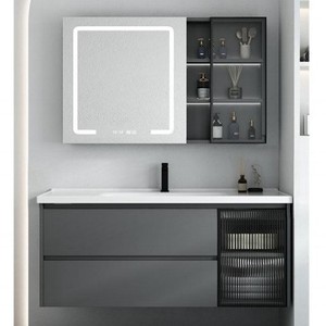 Wall Mounted <b>Bathroom</b> Vanity <b>Grey</b> Solid Wood <b>Cabinet</b> One Piece Ceramic Basin With LED <b>Mirror</b> - Product Image 4