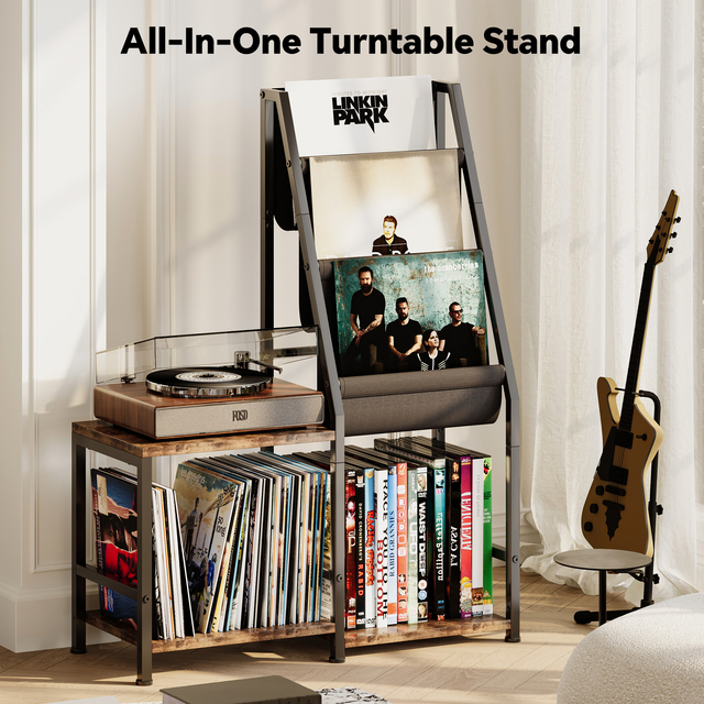 Record Player Stand with Vinyl Record Storage, 3-in-1 Record Cabinet & Turntable Stand, Vintage Media Storage Organizer