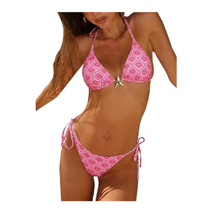 Women’s 2PCS Leopard Floral <b>Bikini</b> <b>Set</b> Halter Triangle <b>String</b> Swimsuit with Starfish Metal Detail - Product Image 3