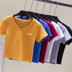 Prodotti estivi in cotone con <span class=keywords><strong>scollo</strong></span> a <span class=keywords><strong>V</strong></span> magliette tagliate da <span class=keywords><strong>donna</strong></span> con stampa personalizzata Logo in bianco top Crop traspirante maglietta <span class=keywords><strong>bianca</strong></span> Streetwear - Product Image 1