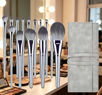 Lot de 14 pinceaux de maquillage vegan vert-gris en poils synthétiques avec boîte, pour application de correcteur sur le visage