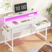 Bureau d'ordinateur ergonomique avec 2 tiroirs en tissu, poche latérale, support de moniteur, table d'étude et d'écriture, bureau de jeu blanc