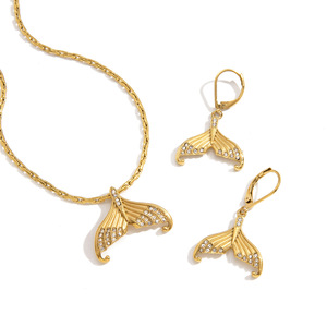Ensemble de bijoux queue de sirène plaqué or avec collier et boucles d'oreilles en strass pour femmes, accessoires de mode pour soirée - Product Image 5