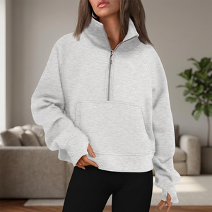 Sudadera Corta Gris para Mujer, con Cierre de Media Cremallera, Cuello Redondo Vintage, Transpirable, de Secado Rápido, 100% Algodón, Informal, para Otoño e Invierno - Product Image 3