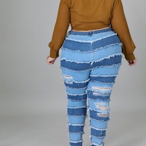 2025 New Style Women's Plus Size Casual Distressed Jeans Color Block <b>Stretch</b> <b>Denim</b> Pants with Logo on Waist New Design - Product Image 6
