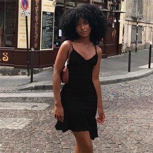 Robe Courte d'Été <span class=keywords><strong>2024</strong></span> pour Femmes, Style Européen et Américain, Couleur Unie, Décolleté en V, Bretelles Fines, Dos Nu et Volants Sexy - Product Image 2