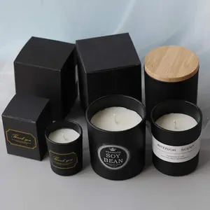 Custom Gift Box 10oz Empty Clear Scented Frosted Black Glass 10oz Luxury Candle Jars With Wooden Metal Lid