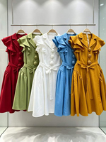 Robe blazer sans manches à volants pour femme, avec boutons floraux 3D, ceinture intégrée, longueur midi, élégante pour le bureau ou les soirées, coupe ample pour femmes