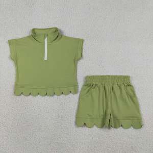 En stock: Conjunto de ropa de algodón de color liso con cremallera y volantes para niñas, ideal para el verano. Venta al por mayor de conjuntos de moda para bebés y ropa a juego para hermanas. - Product Image 2