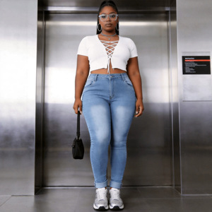 Jean skinny pour femmes grandes tailles, bleu clair, haute élasticité, style fashionista urbain, taille basse avec étiquettes, du 0XL au 4XL - Product Image 1