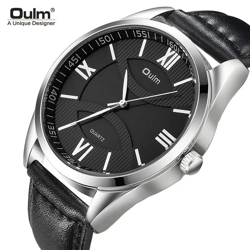 Oulm new fashion leather men's watch casual quartz male clock ins wind watches man