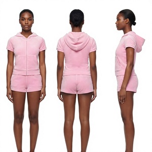 Ensemble de détente en polaire rose, ensemble short à fermeture éclair et capuche, vêtements de détente pour femmes, ensemble 2 pièces, ensemble sweat à capuche à manches courtes - Product Image 1