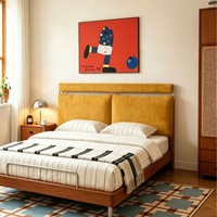 Lit double en bois massif de style Bauhaus, d'inspiration française, du milieu du siècle, avec tête de lit minimaliste rembourrée, à joints mortaise et tenon, pour chambre principale