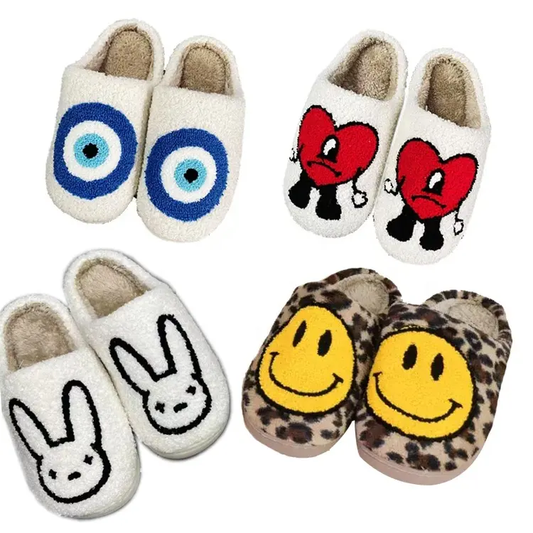 Wholesale Cute fuzzy Mushroom Heart Evil Eye Bad Bunny Slippers Slides Ladies Winter Indoor Flat Warm Smiley Face Slippers
