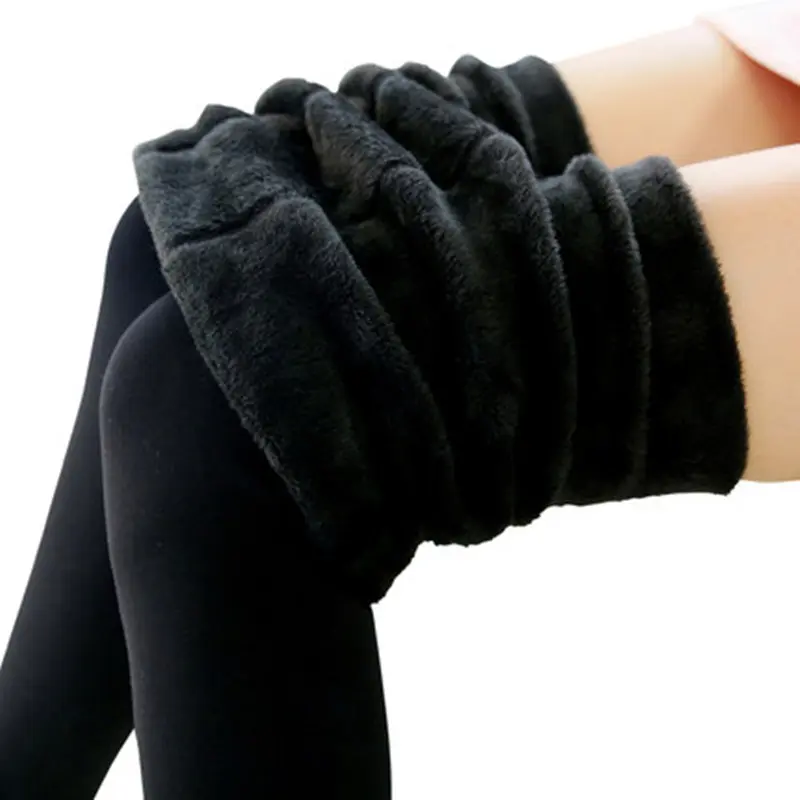 Women Plush Solid Color Thick Winter Fleece Leggings Black Warm Pantyhose Velvet Ladies Sheer Tights Fleece Pants Tights