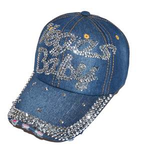 Vegas Babay Sporty Sombrero de 5 paneles Logotipo personalizado Light Denim Jeans Wash Bling Gorra de béisbol con diamantes de imitación Característica de tela común - Product Image 3