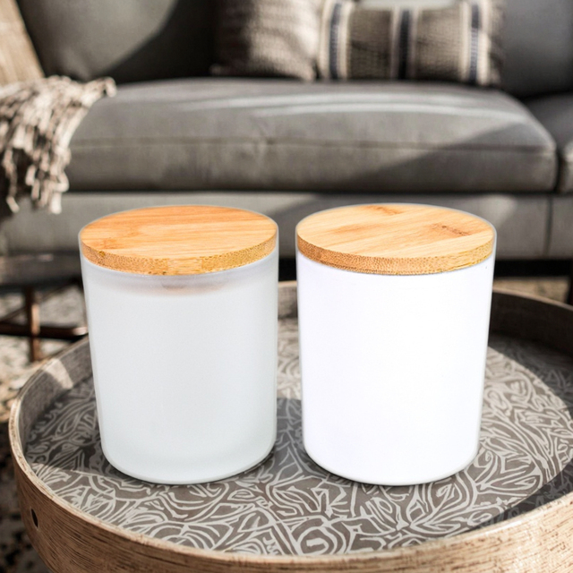 9oz Frosted White Heat-Insulated Thermal Glass Candle Jars Bamboo Wooden Lids Empty Vessels Containers Lantern Holders Cylinder