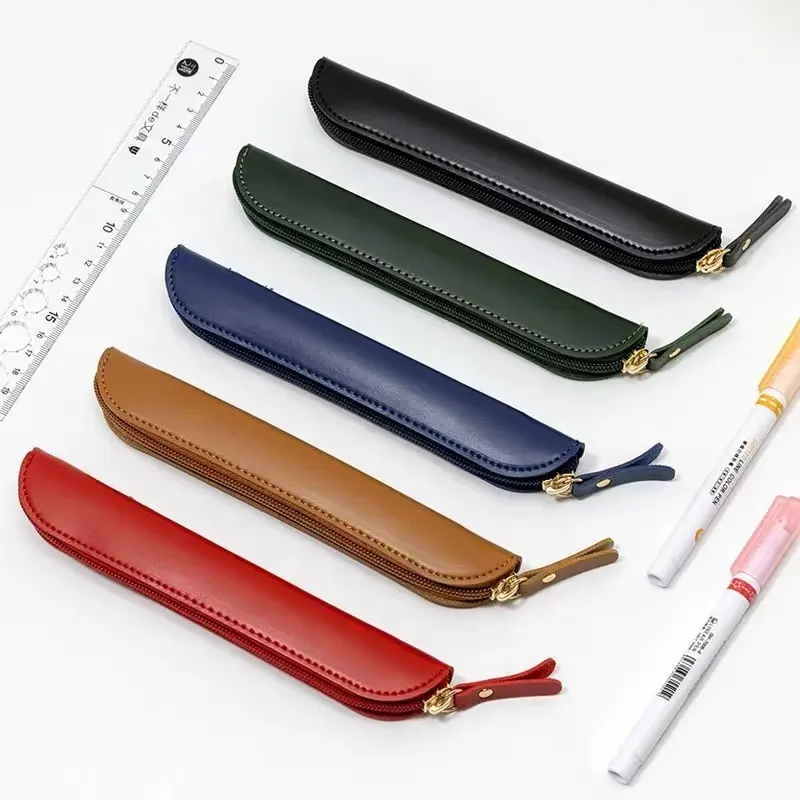 Özel tasarım pu tek deri kalem kutusu taşınabilir suni deri kalemlik fermuarlı kese