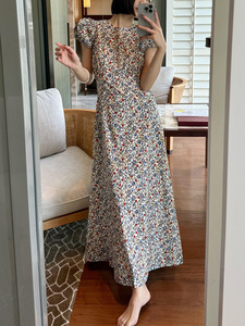 Robe longue en coton pour femme à motif floral, col rond, manches bouffantes, taille haute, coupe évasée, avec laçage, tenue décontractée d'été - Product Image 3