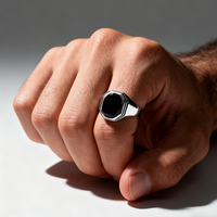Kaanjewelry Bestseller Bague pour homme en argent sterling 925 style punk - Incrustation d'agate noire naturelle, personnalité, mode, bijoux pour homme