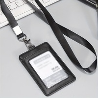 Porte-badge d'identification en cuir PU noir avec enrouleur rétractable et cordon, double fente verticale pour cartes, porte-carte de travail pour employé de bureau