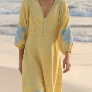 Nuevos Vestidos de Lino para Mujer, Moda de Verano, Elegantes, Cuello en V, Cintura Alta, Mini Vestidos Casuales de Algodón con Bordado para Dama - Product Image 6