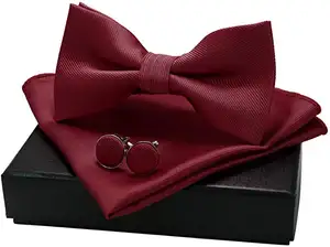 สีทึบ Bow Tie และ Pocket Square Cufflinks ชุดสำหรับผู้ชาย