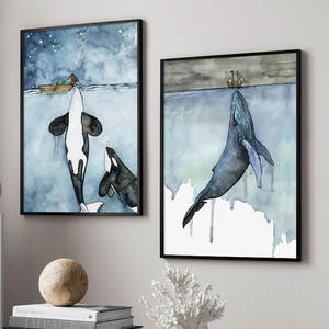 Affiches d'animaux marins en <span class=keywords><strong>aquarelle</strong></span> bleue, impressions nordiques de baleines et navires, décor mural, tableau sur toile - Product Image 1