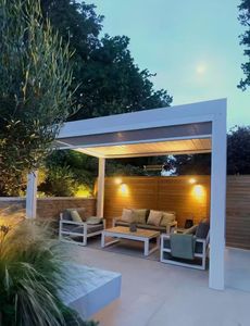 Tenda da Sole Bioclimatica <span class=keywords><strong>in</strong></span> Lega di Alluminio Impermeabile per Esterni, Padiglione Verniciato a Polvere con <span class=keywords><strong>Legno</strong></span> Trattato a Pressione Naturale, LED per Balcone - Product Image 4