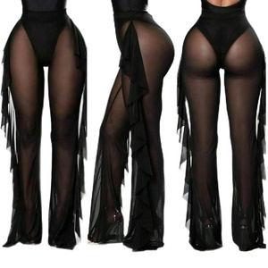 Pantalon <span class=keywords><strong>noir</strong></span> à volants pour femmes Pantalon de danse transparent Pantalon de bikini à taille haute Leggings en maille Pantalon de yoga - Product Image 4