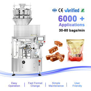 Máquina de envasado rotativa multifunción para gránulos de praliné y malvavisco en bolsas preformadas con cierre y bolsas verticales - Product Image 1