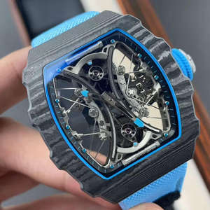 Montre mécanique haut de gamme tendance avec boîtier en fibre de carbone, tourbillon en forme de tonneau, couleur contrastée bleue et cadran squelette. - Product Image 1