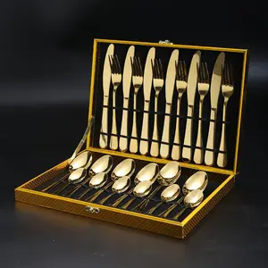 Amazon hot selling tableware reusable mirror luxury Plated Gold Stainless Steel flatware set 24 pcs for wedding gift hotel