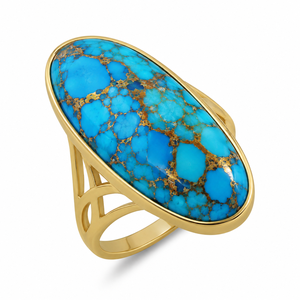 Bague en argent sterling 925 plaqué or, motif géométrique, turquoise bleue, sertie de griffes, pour femme - Bijou de luxe pour fête et mariage - Product Image 3
