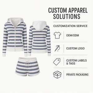 <b>Women's</b> Striped Zip Up Hoodie Set <b>White</b> Lined Knitted Sweatshirt and <b>Shorts</b> Two Piece Outfit - Product Image 2