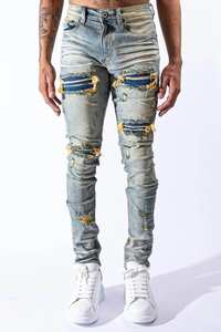 Yüksek kalite toptan tasarımcılar özel <span class=keywords><strong>Vintage</strong></span> mavi sıkı tahrip yırtık sıska Patchwork Denim kot erkekler - Product Image 2